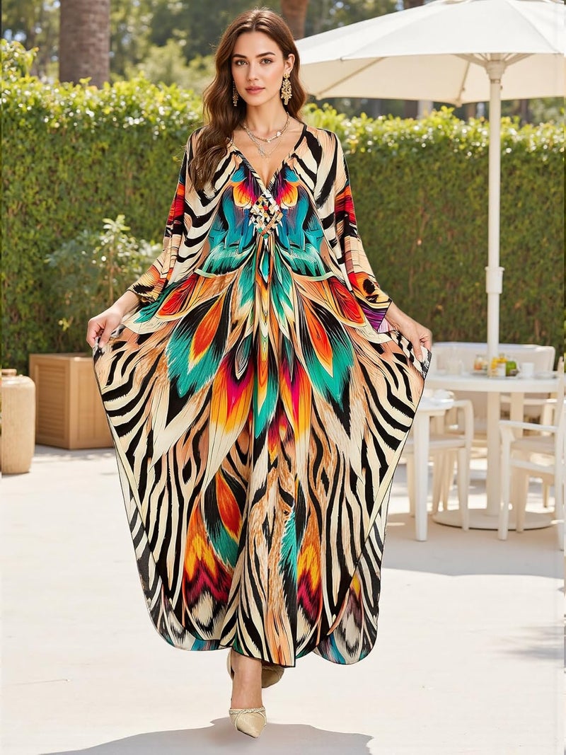 IMAGEKOPE Women's Plus Size Animal Print V-Neck Batwing Kaftan Beach Dress Bathing Suit Cover-Up Loungewear - Image 2